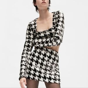 NWT ZARA NEW M SEQUINNED MINISKIRT HOUNDSTOOTH BLACK / WHITE Paige DeSorbo